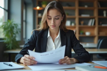 Jeune femme professionnelle étudie fiche métier Rome