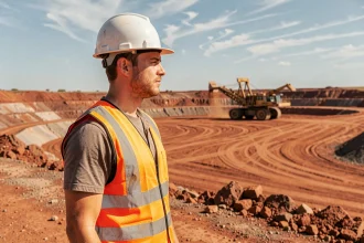 Jeune Français en tenue de sécurité devant une mine à ciel ouvert en Australie