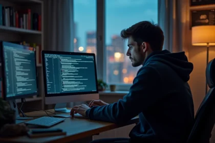 Jeune homme en hoodie travaillant sur son ordinateur en cybersecurite