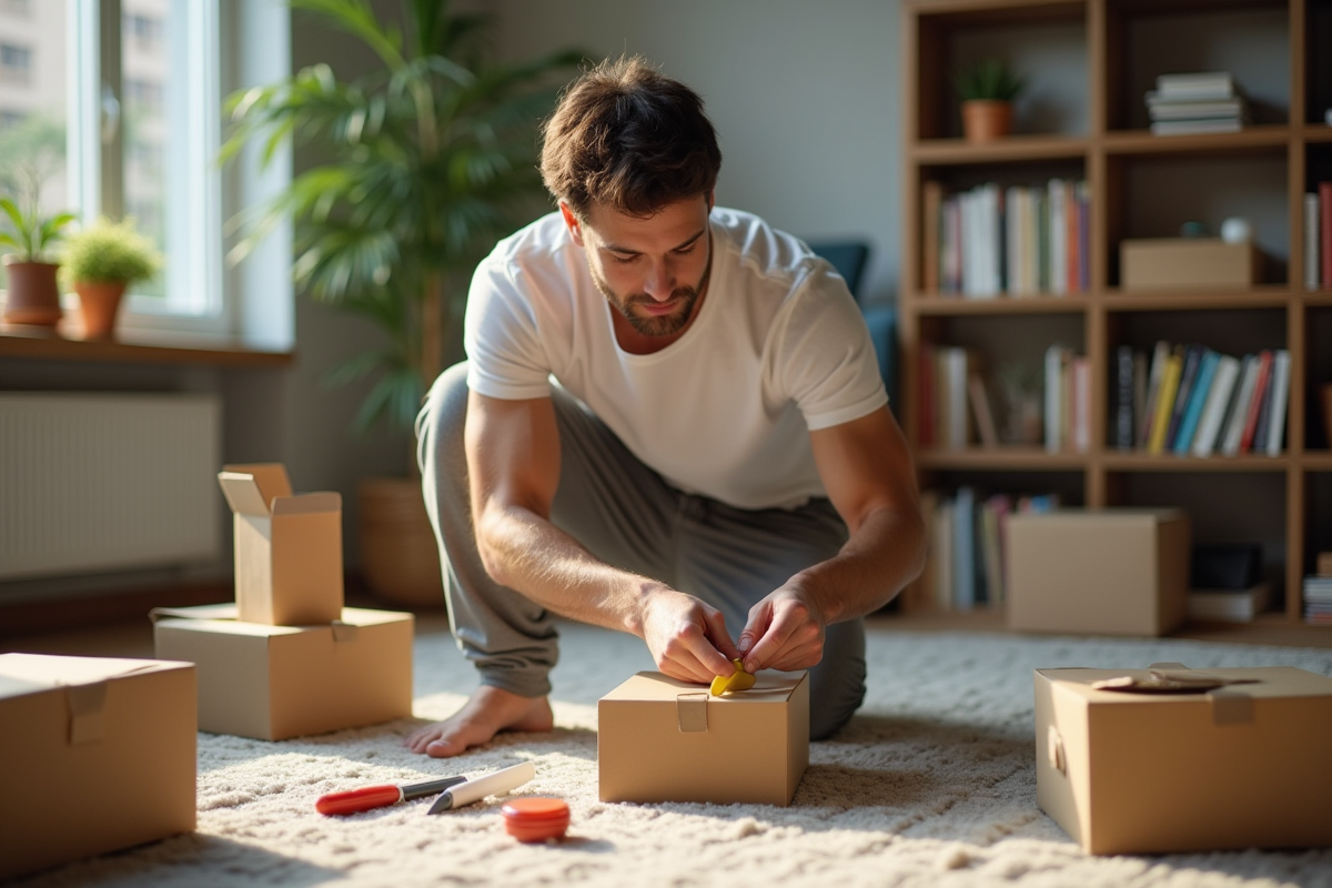 Jeune homme ferme un colis dans un salon lumineux