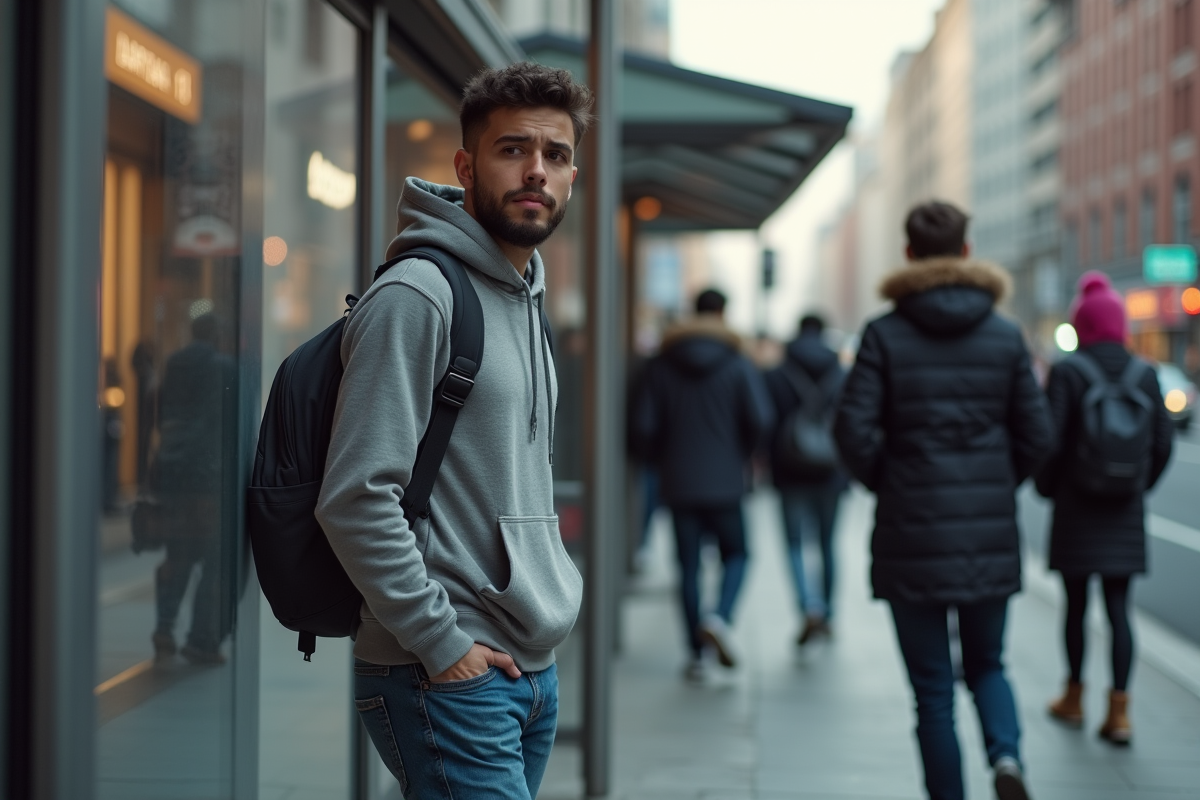 Jeune homme frustré à un arrêt de bus urbain