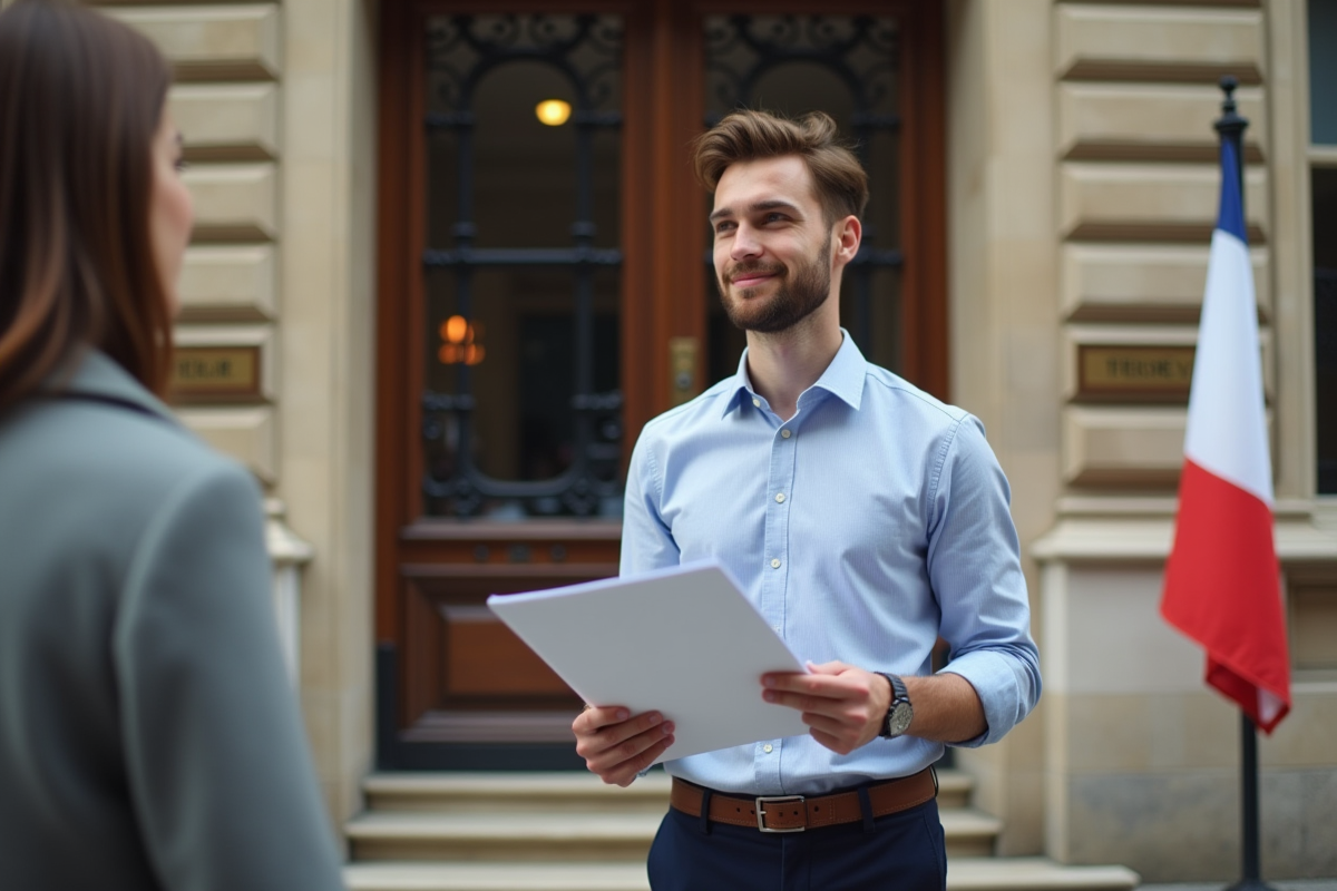 Jeune homme français avec documents devant mairie