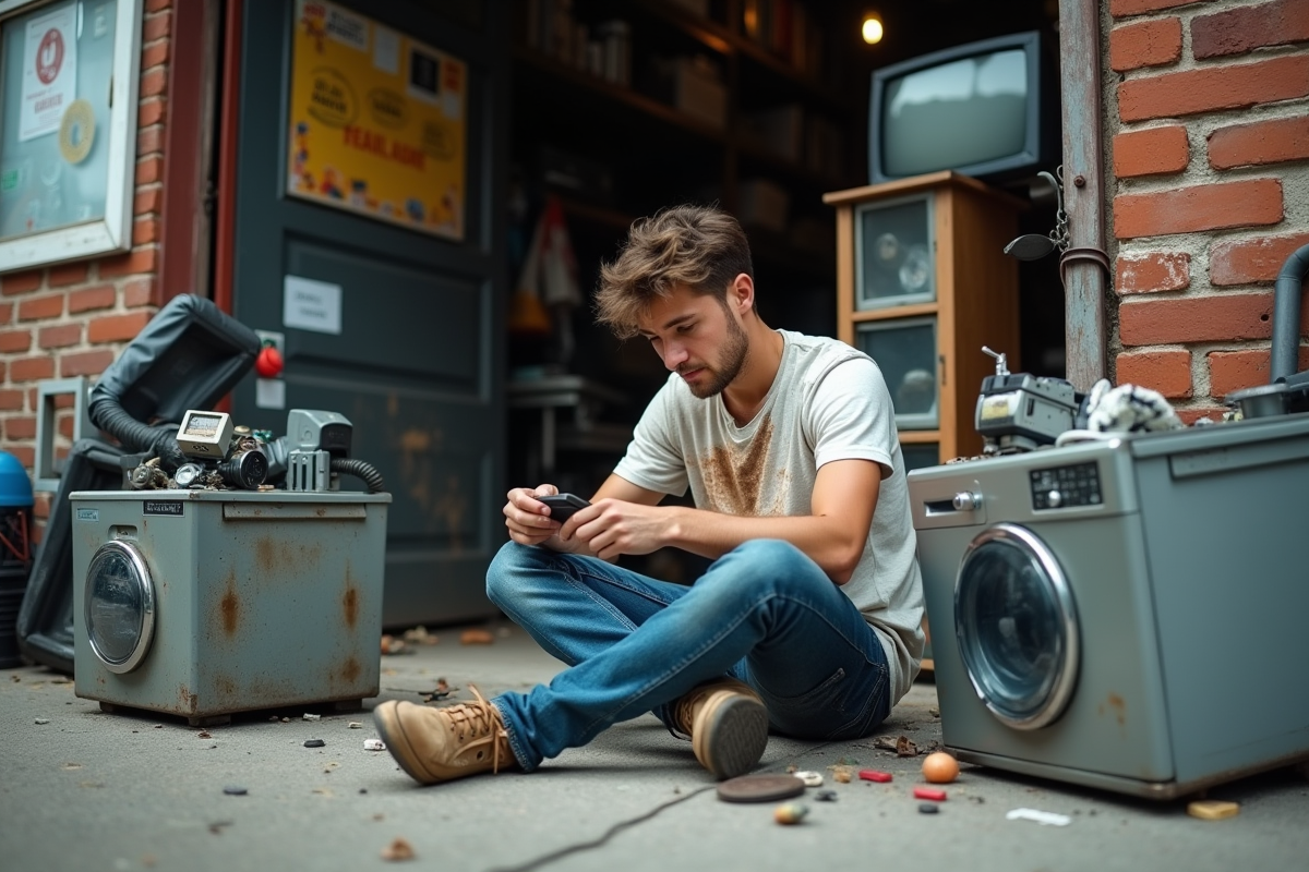 Jeune homme frustré devant un appareil cassé dans la rue