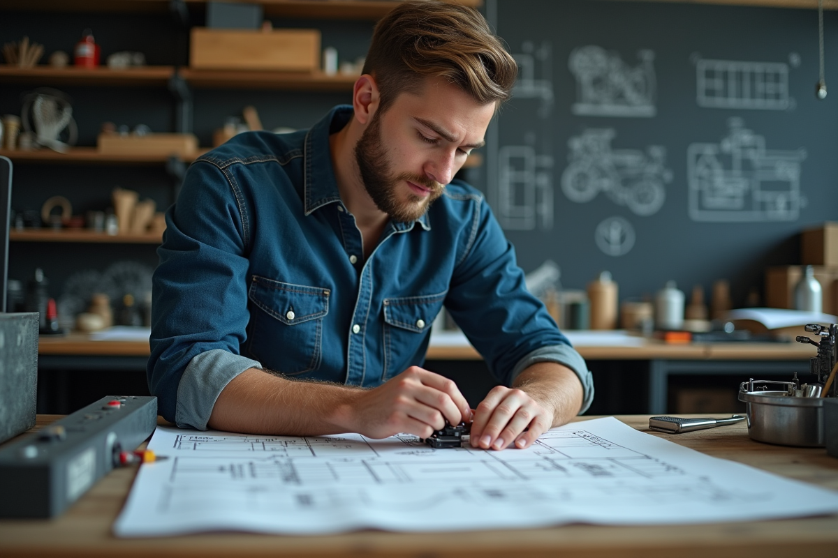 Jeune ingénieur assemblant un prototype dans son atelier