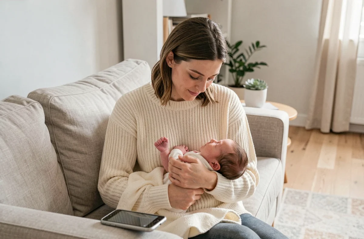 Jeune mère tenant son nouveau-né dans un salon scandinave tout en consultant son téléphone, symbolisant la gestion administrative du congé maternité en portage salarial