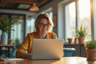 Jeune professionnel travaillant sur un ordinateur portable dans un espace de coworking lumineux