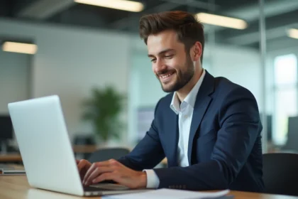 Jeune homme en costume au bureau utilisant un ordinateur