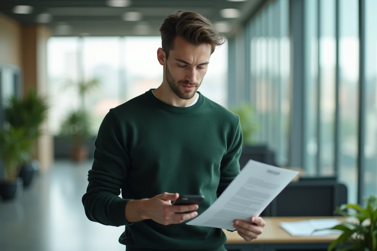 Jeune professionnel gérant son espace client pro ACCESS24 sur smartphone dans un open space moderne