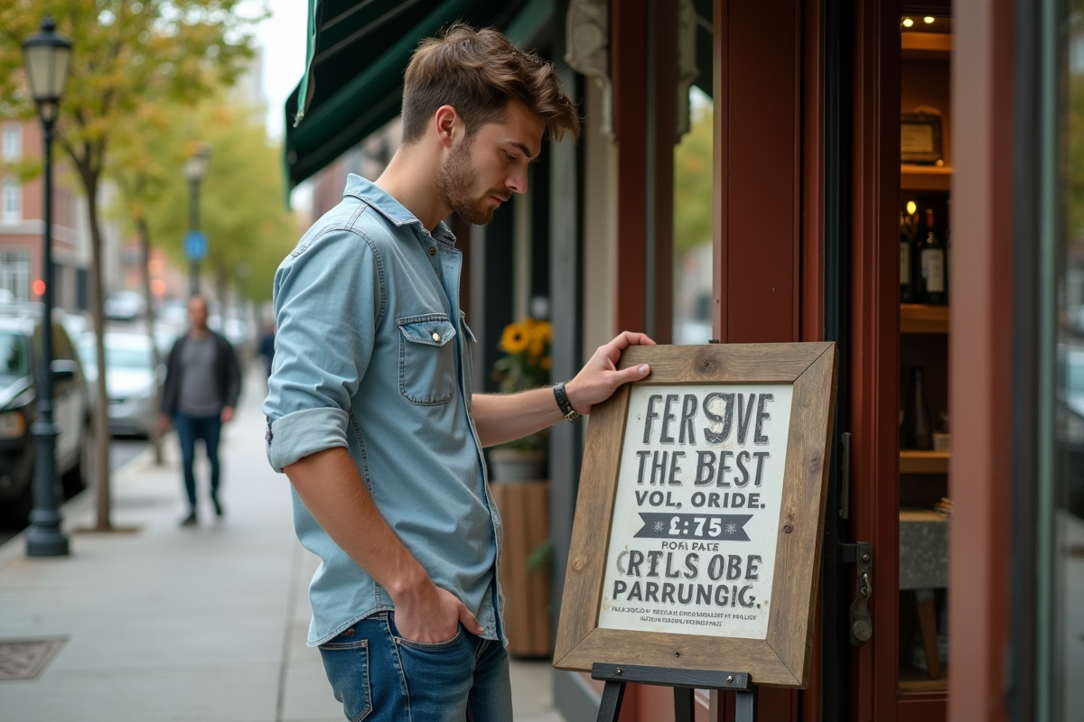 Jeune commerçant ajustant une enseigne devant sa boutique