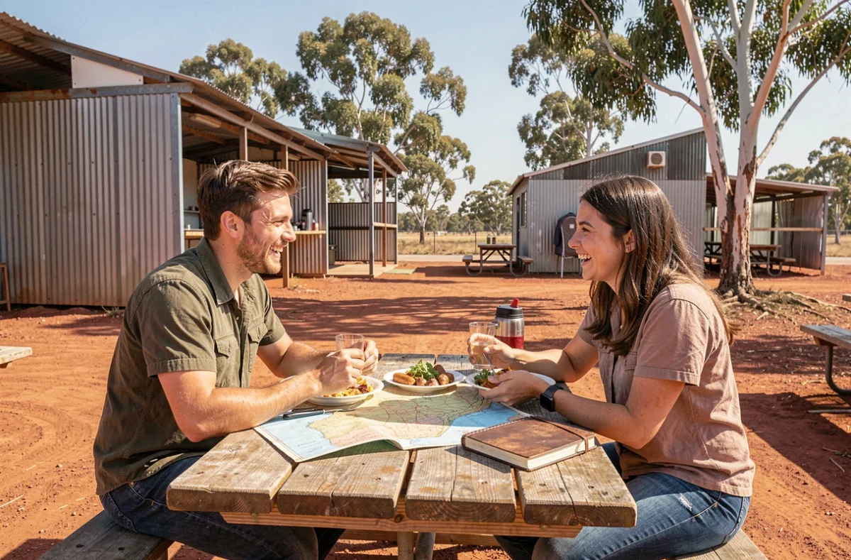 Deux jeunes Français en pause repas dans un camp minier australien avec une carte de voyage