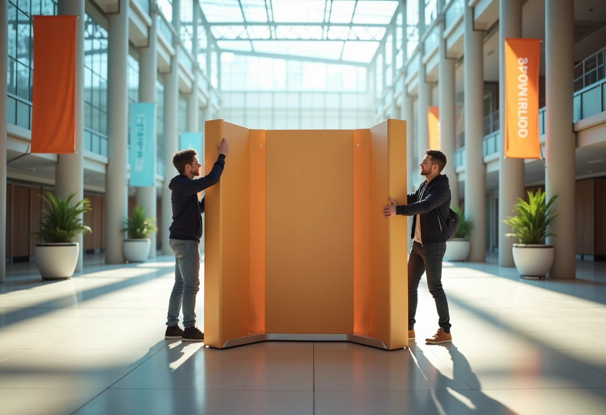 Deux jeunes hommes installant un stand d