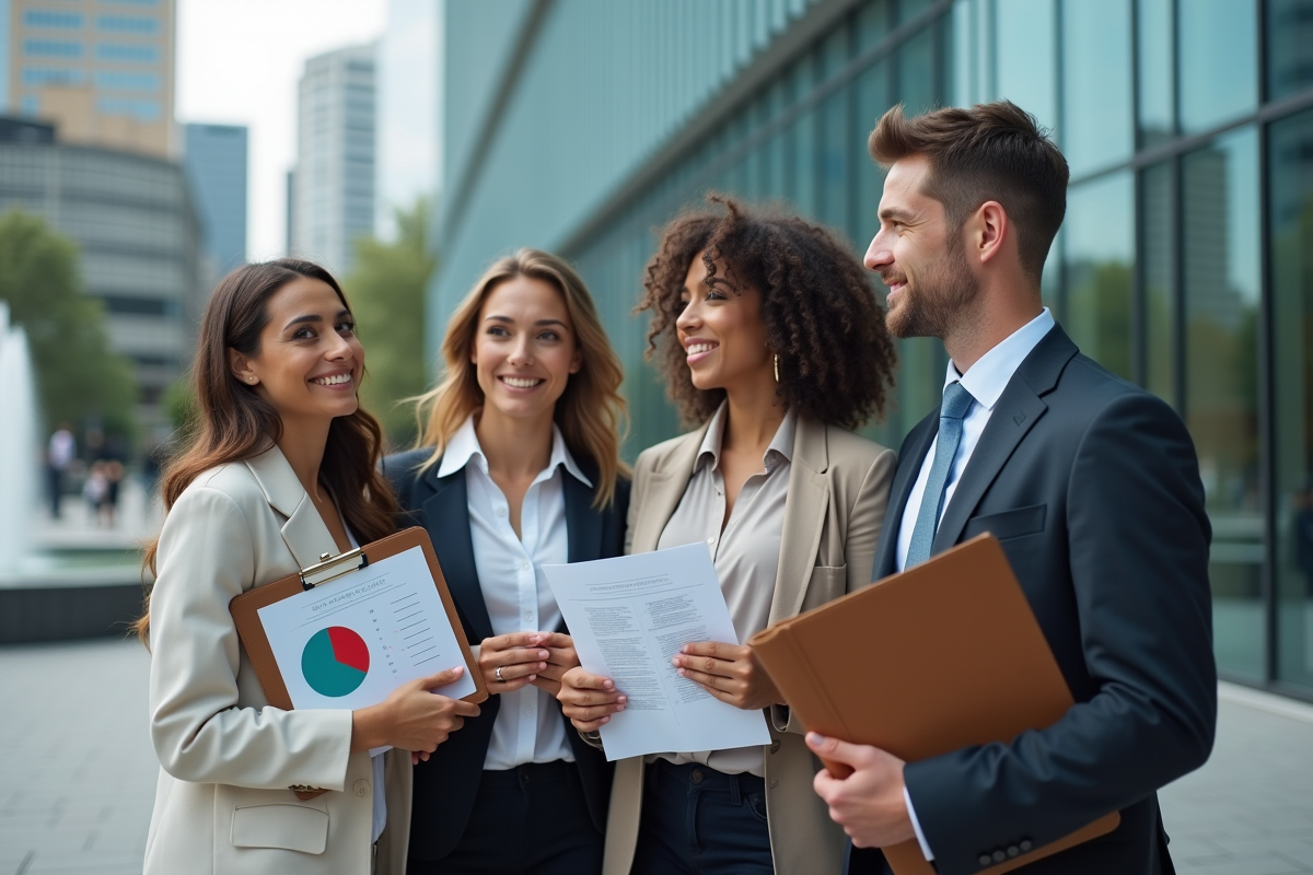 Jeunes professionnels discutant devant un bâtiment moderne