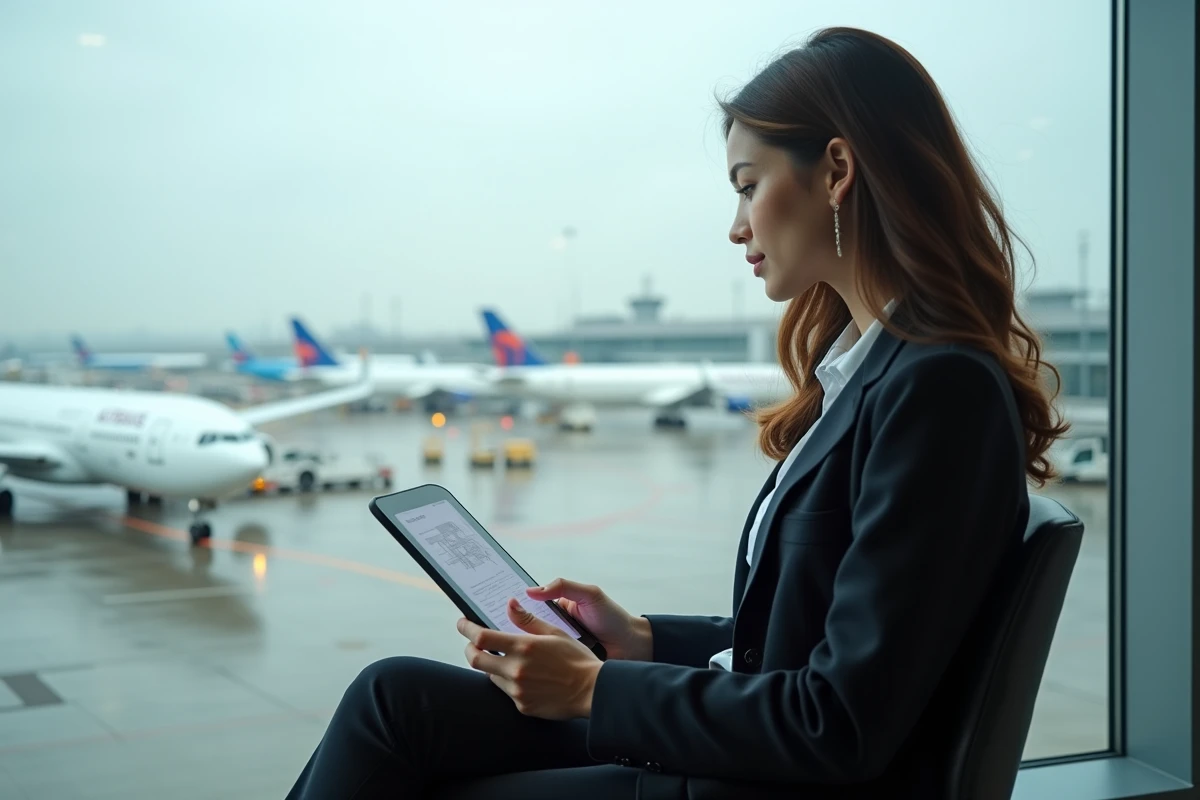 Journaliste aviation avec tablette devant un aéroport