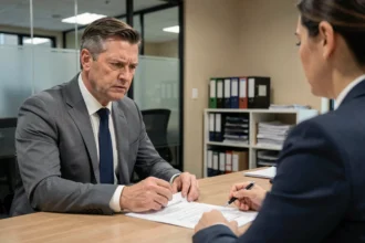 Un salarié reçoit une lettre de licenciement pour faute grave dans un bureau RH, illustrant l'impact sur les droits au chômage