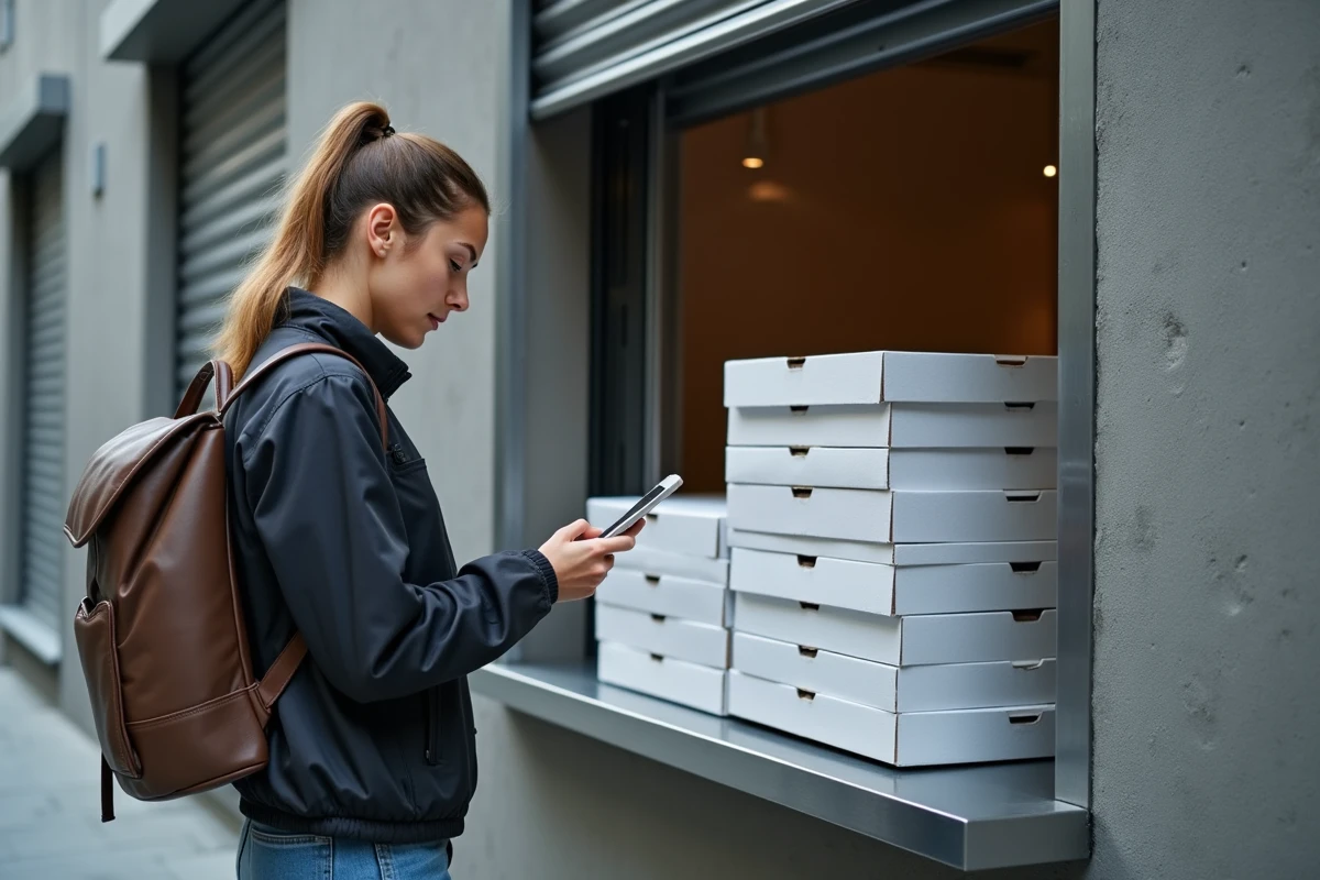 Livreur récupérant une commande de pizza dans une dark kitchen urbaine anonyme, comparaison avec le modèle pizzeria traditionnelle en 2026