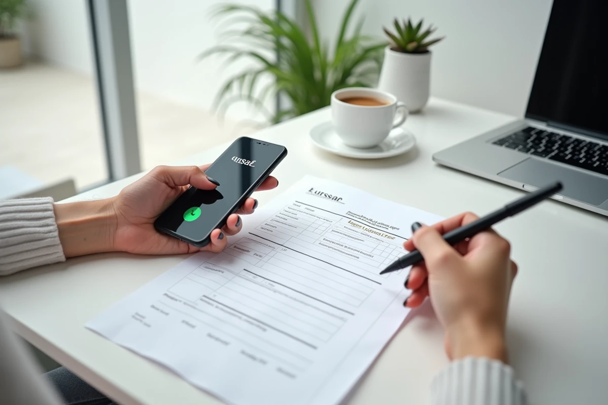 Mains d'une femme remplissant un formulaire Urssaf tout en composant un numéro de téléphone pour créer son activité