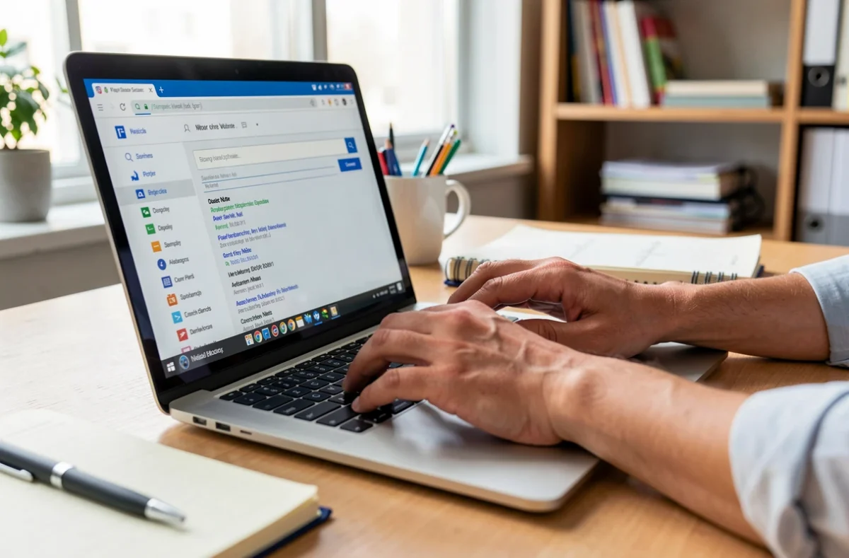Mains saisissant une recherche dans une base de données sur un ordinateur