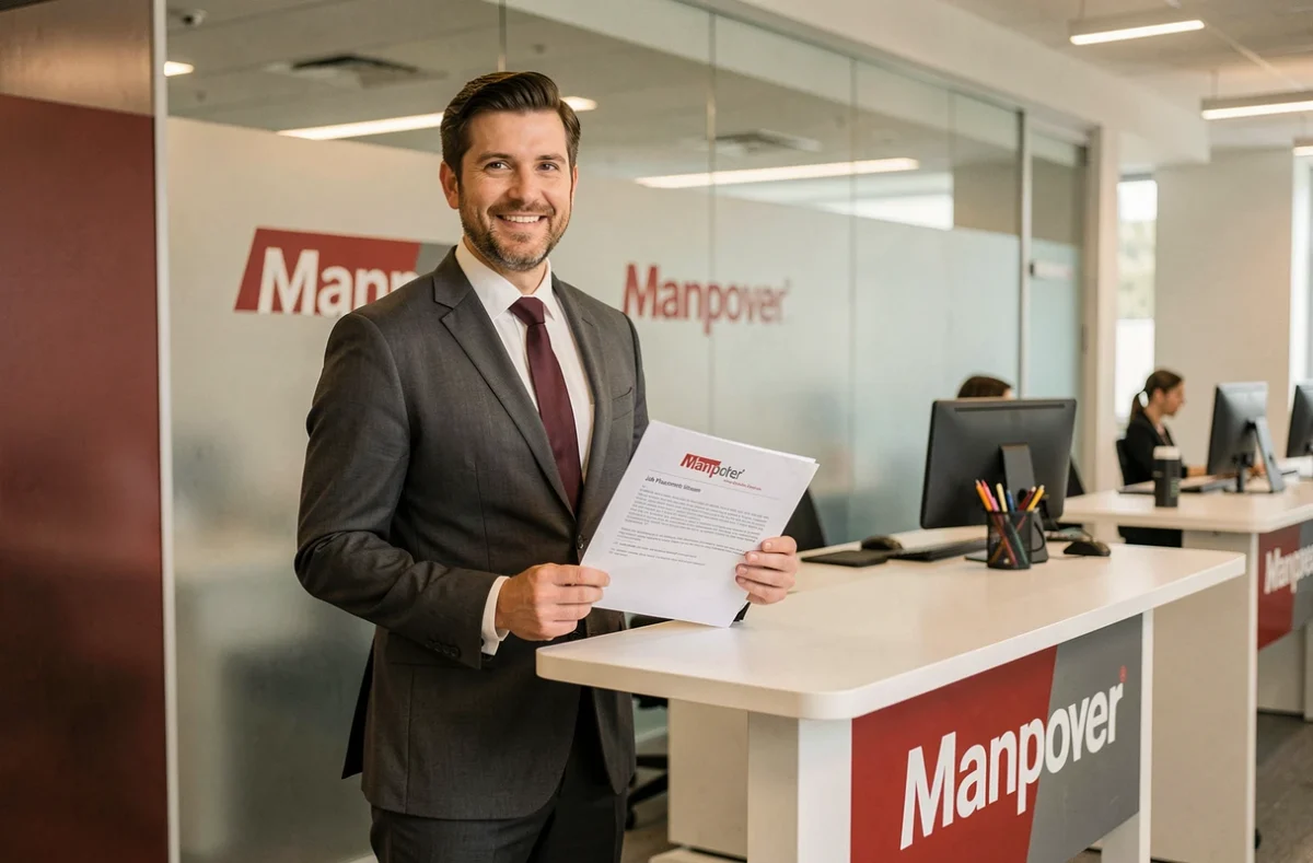 Consultant Manpower en costume gris debout dans une agence d'emploi avec la signalétique rouge de la marque