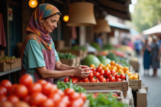 Femme marchande en marché coloré arrangeant des tomates