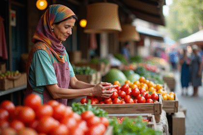 Femme marchande en marché coloré arrangeant des tomates