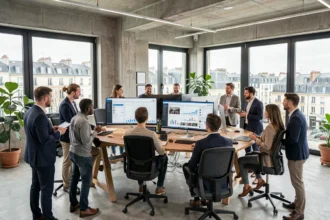 Équipe d'une agence de marketing digital en Loire-Atlantique travaillant sur des campagnes numériques dans un bureau moderne à Nantes