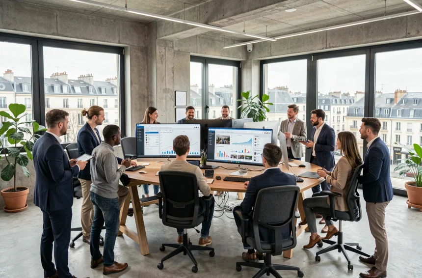 Équipe d'une agence de marketing digital en Loire-Atlantique travaillant sur des campagnes numériques dans un bureau moderne à Nantes