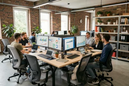 Vue d'ensemble d'une agence SEO moderne dans les Hauts-de-France avec des équipes travaillant sur des tableaux de bord d'analytics