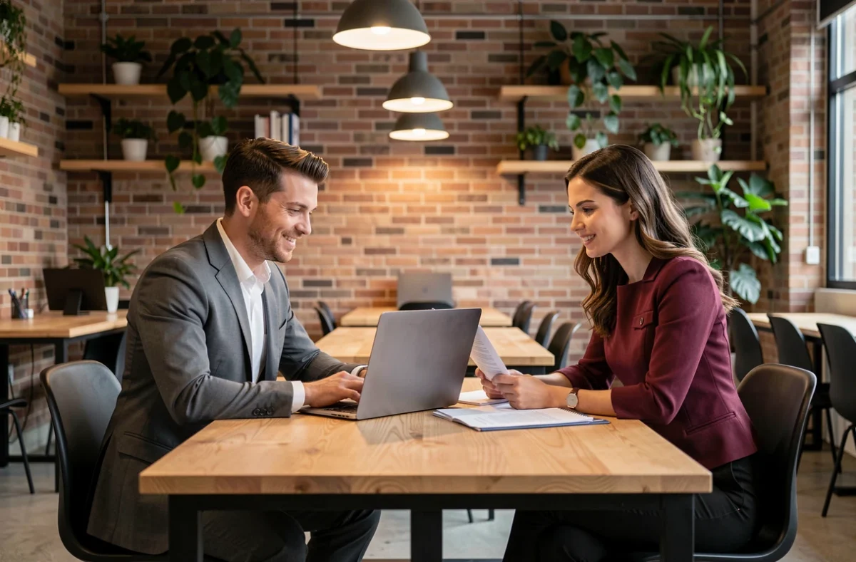 Deux professionnels collaborant sur un projet de mise en relation réseau dans un espace de coworking moderne