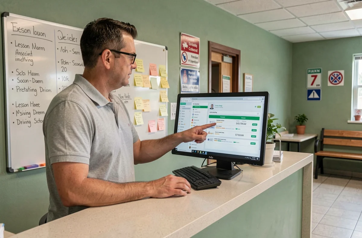 Moniteur d'auto-école présentant un tableau de bord numérique pour la gestion des élèves et des plannings