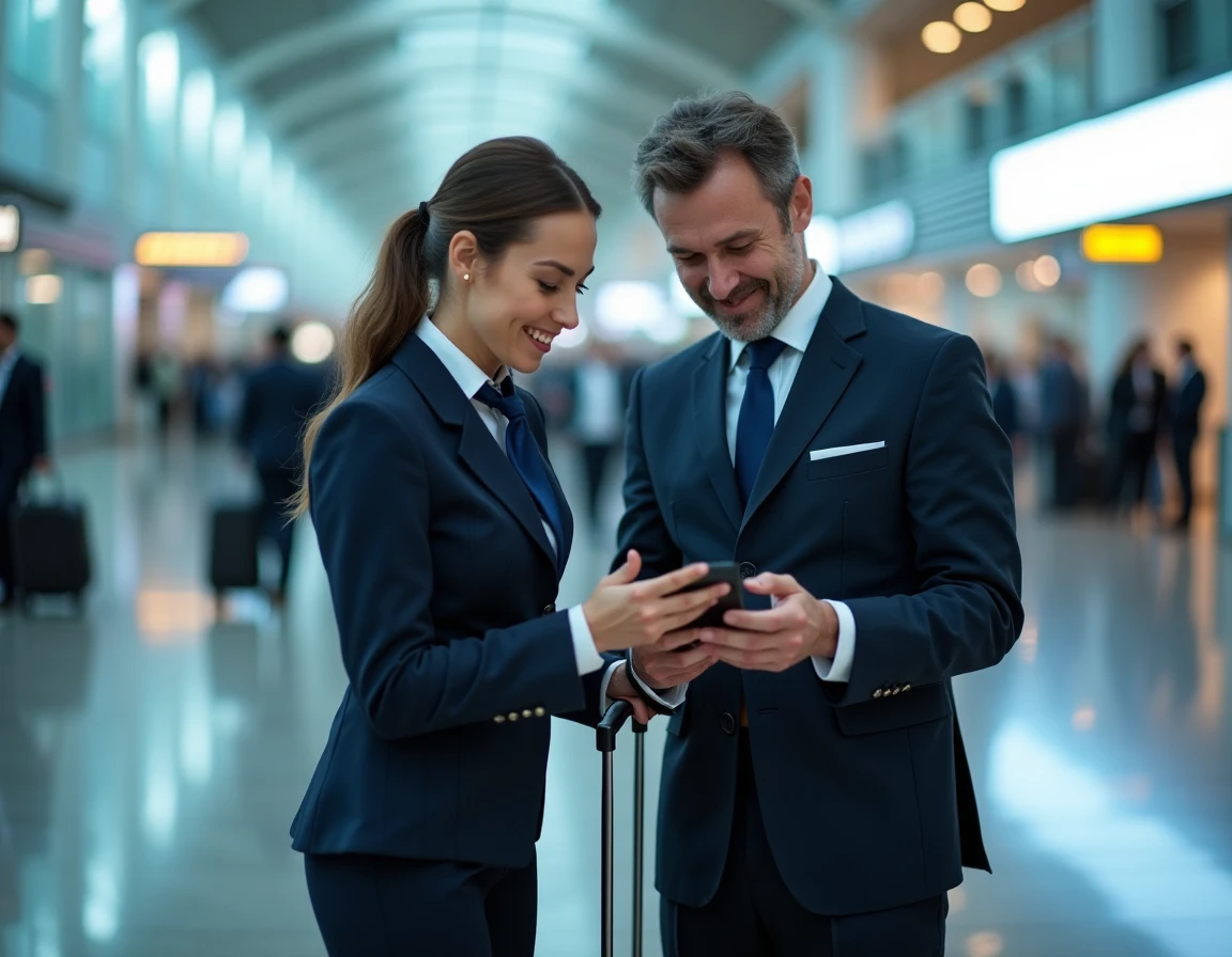 Deux navigants Air France consultant ensemble les raccourcis IPN sur smartphone dans un terminal d'aéroport international