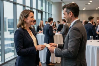 Femme d'affaires échangeant des cartes de visite lors d'un événement de networking professionnel en entreprise