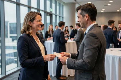 Femme d'affaires échangeant des cartes de visite lors d'un événement de networking professionnel en entreprise