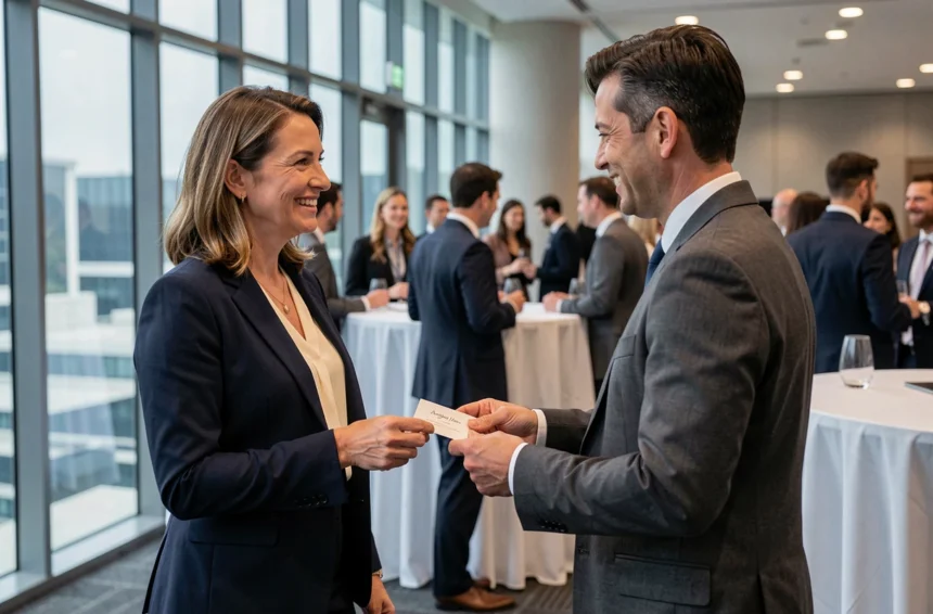 Femme d'affaires échangeant des cartes de visite lors d'un événement de networking professionnel en entreprise