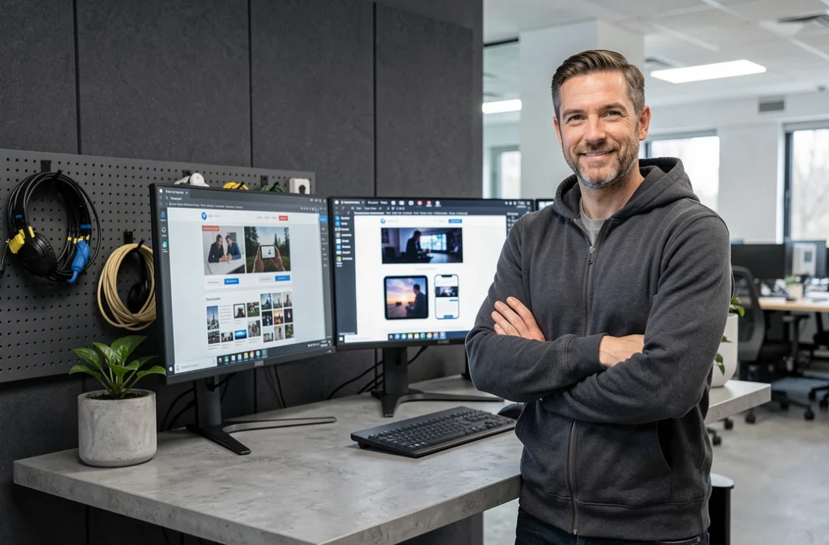 Développeur de l'agence NEWP devant trois écrans affichant des maquettes de sites web responsives