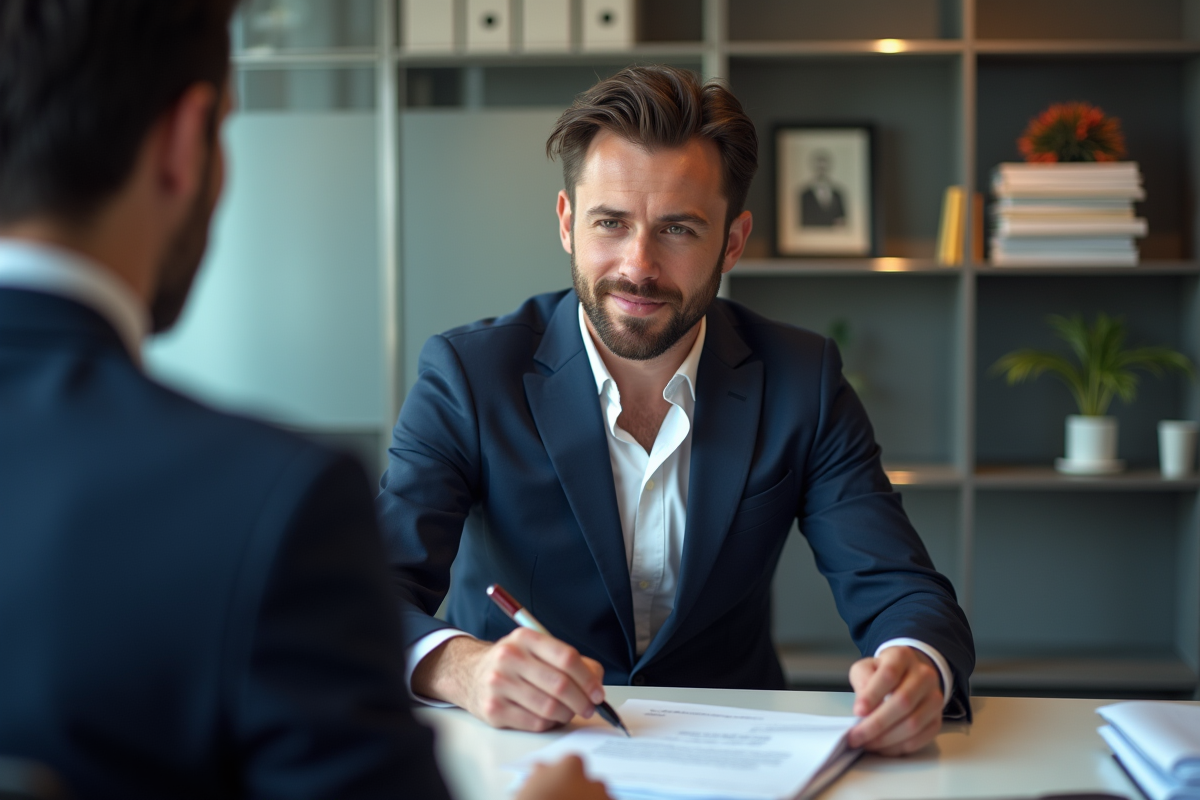 Jeune notaire français vérifiant une pièce d