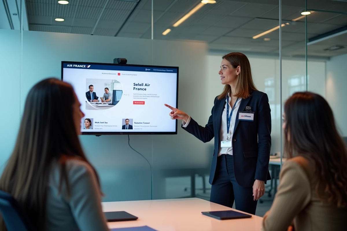Groupe de nouveaux employés Air France découvrant ensemble le portail intranet Intralignes lors d'une session d'intégration en salle de réunion