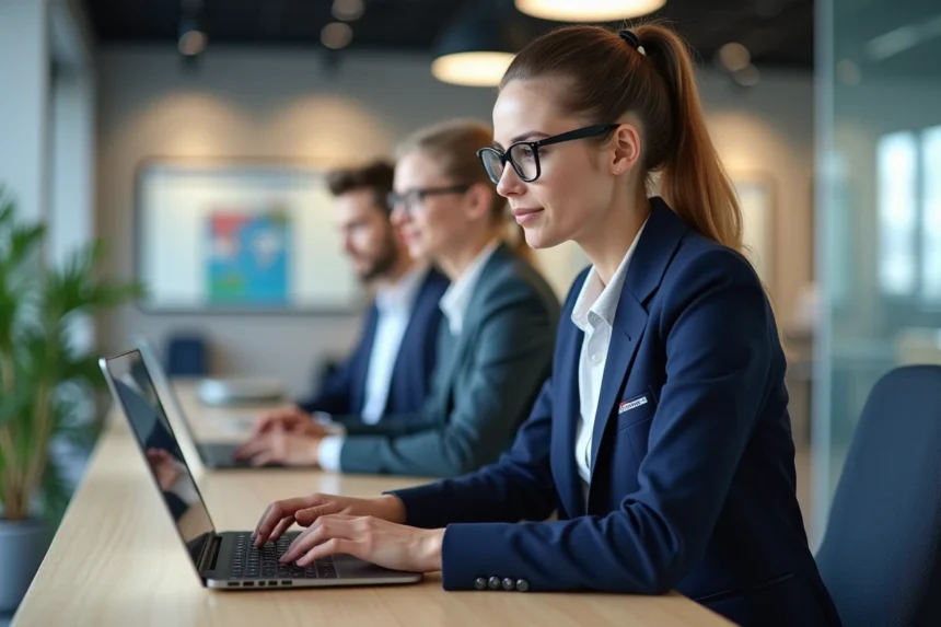 Nouvelle salariée Air France consultant le portail intranet Intralignes sur son ordinateur portable dans un bureau moderne