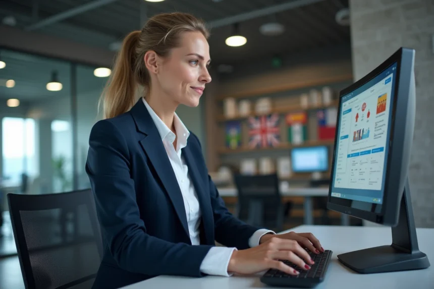 Une professionnelle roumaine optimise le site vitrine SaaS de Roumane and Companies pour un marché international depuis son bureau tech moderne à Bucarest