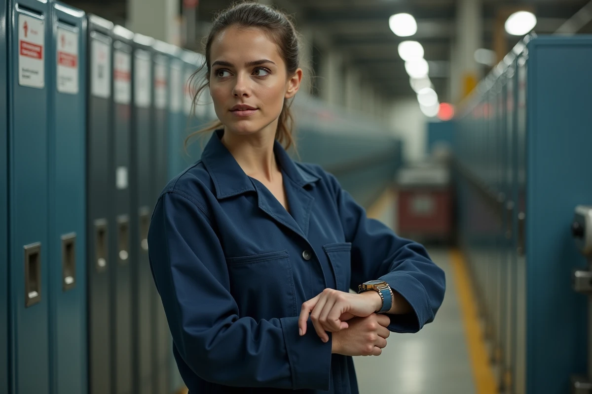 Jeune femme ouvrière vérifiant sa montre dans une usine