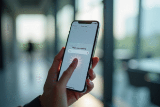 Personne tenant un smartphone dans un bureau moderne pour un formulaire