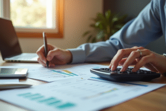 Personne à un bureau organisé examinant des documents financiers