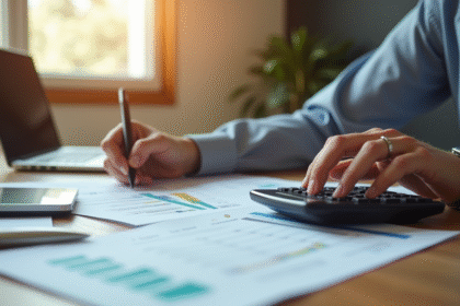 Personne à un bureau organisé examinant des documents financiers
