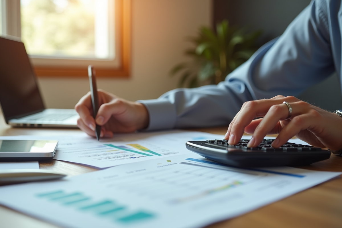 Personne à un bureau organisé examinant des documents financiers