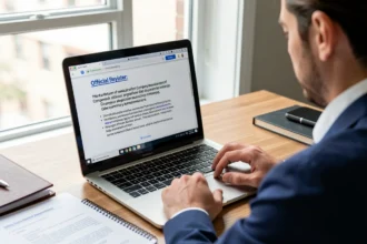 Personne consultant un registre officiel d'annonces d'entreprises sur ordinateur