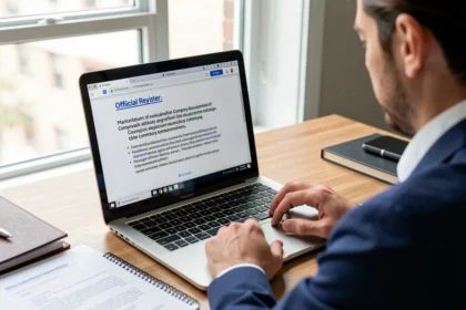 Personne consultant un registre officiel d'annonces d'entreprises sur ordinateur