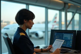 Pilote de ligne féminine en uniforme consultant son application IPN sur une tablette dans un bureau opérationnel d'aéroport