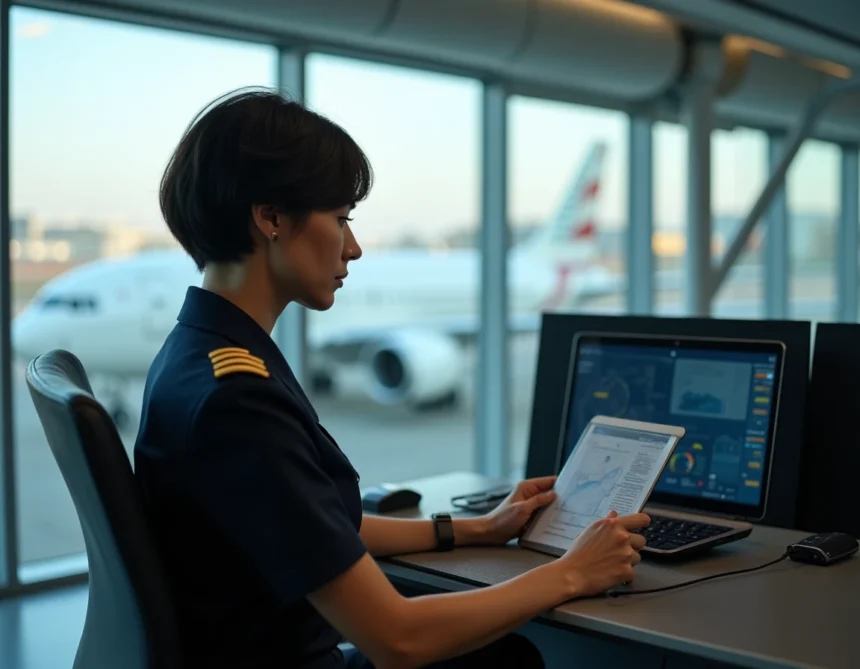 Pilote de ligne féminine en uniforme consultant son application IPN sur une tablette dans un bureau opérationnel d'aéroport
