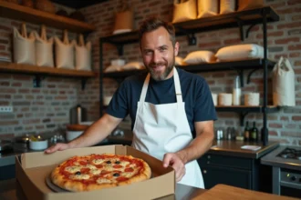 Chef pizzaiolo indépendant préparant une commande à emporter dans une pizzeria artisanale, illustrant le modèle Mypizzadoor Pro face aux dark kitchens