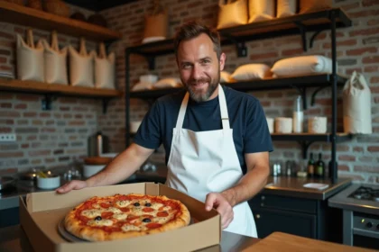 Chef pizzaiolo indépendant préparant une commande à emporter dans une pizzeria artisanale, illustrant le modèle Mypizzadoor Pro face aux dark kitchens