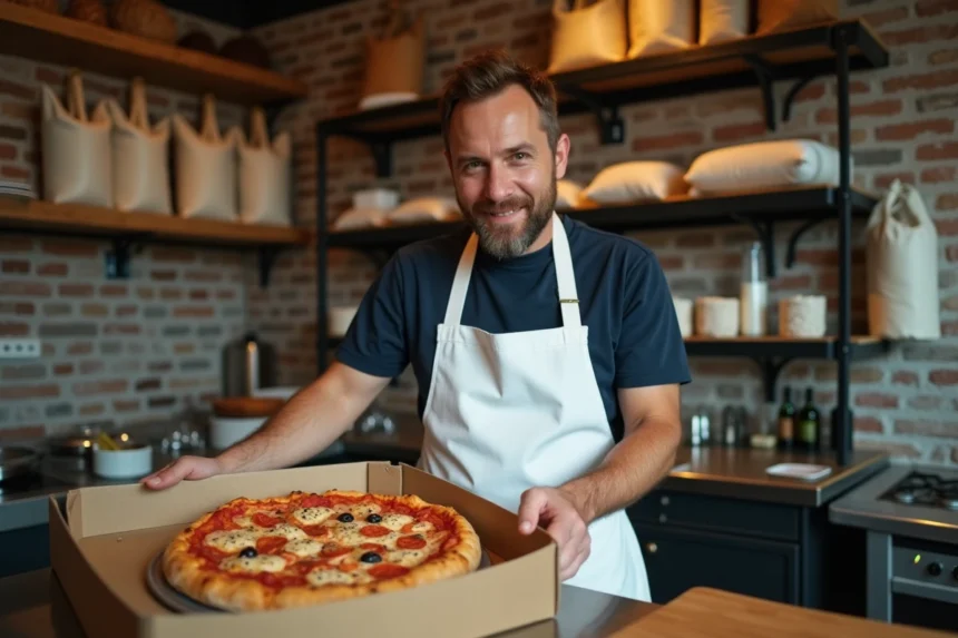 Chef pizzaiolo indépendant préparant une commande à emporter dans une pizzeria artisanale, illustrant le modèle Mypizzadoor Pro face aux dark kitchens